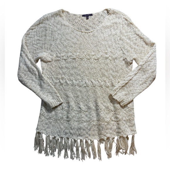 Olivia Sky Cream Open-Knit Tassel Fringe Sweater - Size 1X - Picture 3 of 9